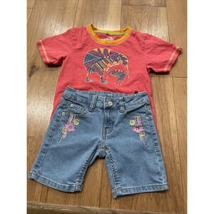 Route 66 Jean Denim Shorts Embroider Flower Adj Waist Girls Size 6X + Kiwi Shirt